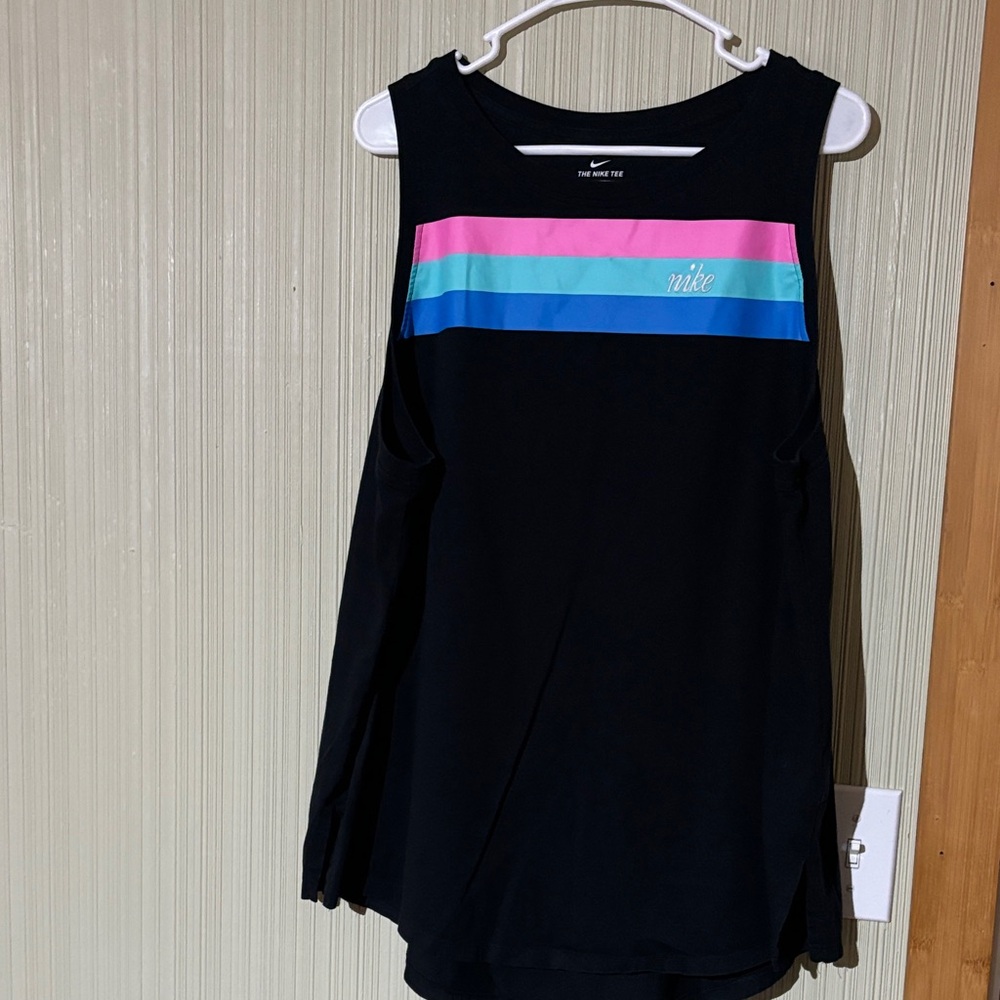 Nike Women's Black Tank Top with Pink and Blue Accents